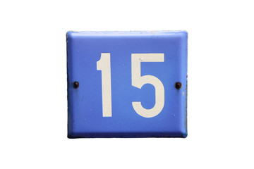 blue square metal number plate with the number fifteen on blue metal bar isolated on white background closeup