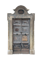 Ancient medieval italian roman wood oak door with marble frame portal isolated on white background closeup