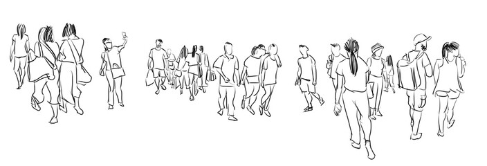 group of people walking free hand sketch panorama view isolated on white background