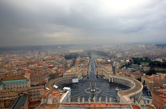 view of Rome and St Peters Square from the dome of St Peter's Basilica in Rome in Italy