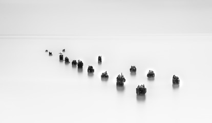 Damaged wooden poles of an old pier in the ocean.