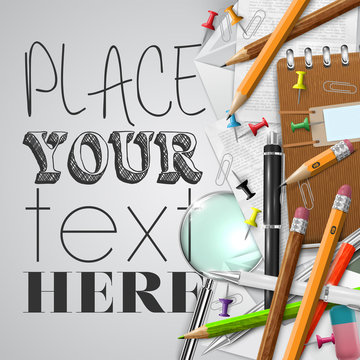 Office or school stuffs and items on white background, vector.