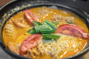 Thai style noodle. Tom yum, seafood sour soup.