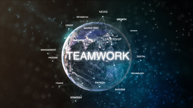 Technology earth from space word set with teamwork in focus. Futuristic financial oriented words cloud 3D illustration. Success keywords concept