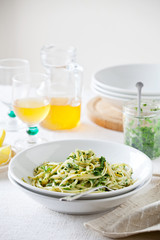 Plates Of Linguine With Homemade Pesto