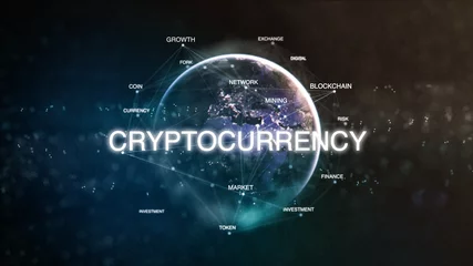 Foto op Aluminium Technology earth from space word set with cryptocurrency in focus. Futuristic bitcoin crypto currency oriented words cloud 3D illustration. Crypto e-business keywords concept © ZoneCreative