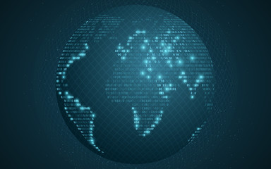 World map from binary code. Abstract planet earth. Transparent pattern from the grid. Futuristic background. Computer programming code. Global network. Vector illustration
