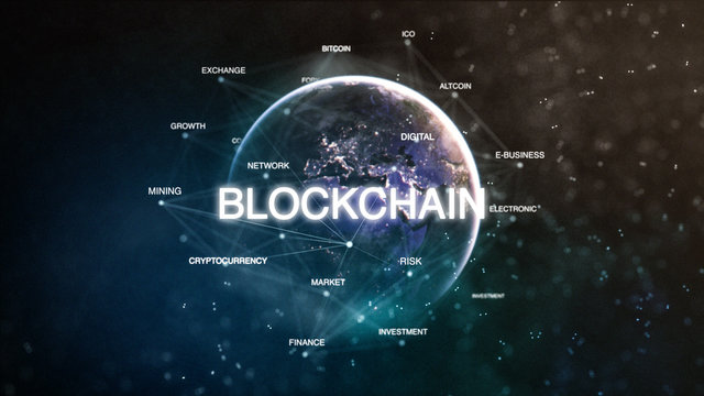 Technology earth from space word set with blockchain in focus. Futuristic bitcoin cryptocurrency oriented words cloud 3D illustration. Crypto e-business keywords concept