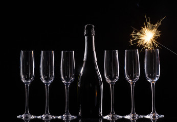 catering service. Silhouette champagne in bucket. New year party champagne on black background