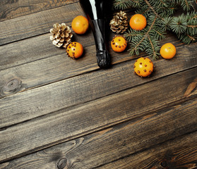 Christmas New Year composition with tangerines and pine cones