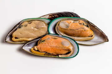 Mussels in the shell lie on a white background