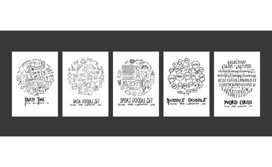 Set of doodles vector. Collection Font, Info, Sport, Party, Speech Bubble. circle form on a4 paper cover eps10