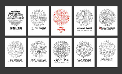 Set of doodles vector. Collection Font, Info, Sport, Party, Speech Bubble, Business, Valentine, House, wedding. circle form on a4 paper cover eps10