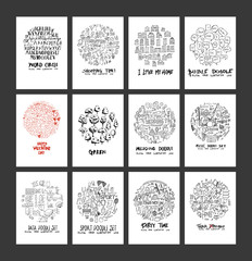 Set of doodles vector. Collection Font, Info, Sport, Party, Speech Bubble, Business, Valentine, House, Wedding, Tree, Music, Shopping. circle form on a4 paper cover eps10