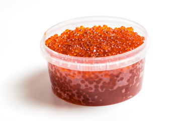 red caviar salmon in a jar on a white background