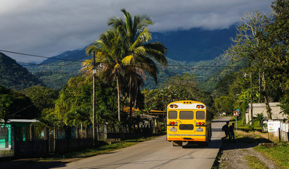 Yellow Bus in Lake Yojoa, Honduras.