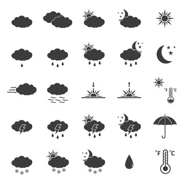 Weather Forecast set Icons. Flat vector illustration in black on white background