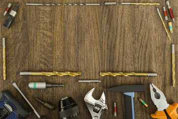 Background or background of fasteners, baits, drills and construction tools. Set.