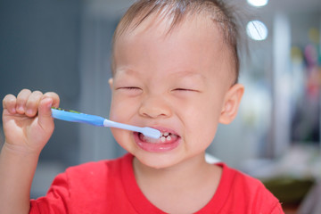 Cute Funny little Asian 18 months / 1 year old toddler boy child wearing red shirt holding toothbrush and brushing teeth, Tooth care for children concept