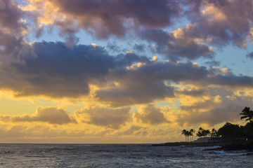 Sunset clouds over palm trees in Hawaii