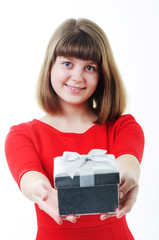 Girl in red with gift box
