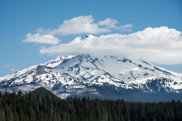 Fototapeta premium Snowy Mt Hood in clouds on a winter afternoon