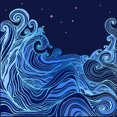 Fototapeta na wymiar Blue and dark blue decorative doodles waves and the starry sky