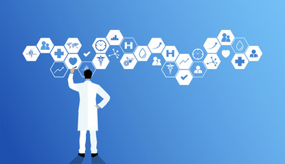 dottore, scienziato, di spalle, scrivere, sfondo