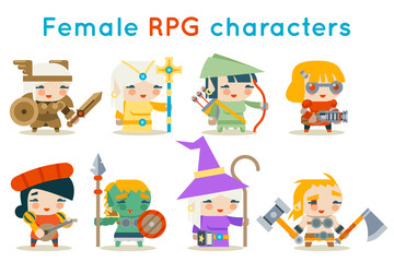 Cute female RPG characters fantasy game isolated icons set flat design vector illustration