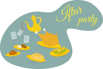 Invitataion card about food being shared in happy party Iftar.
