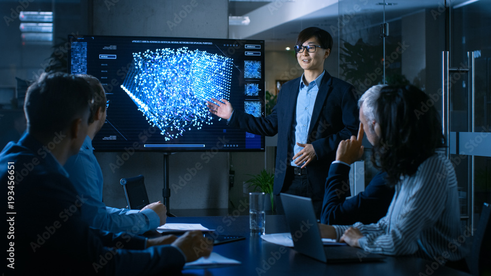 Aufkleber in the conference room chief engineer presents to a board of scientists new revolutionary approach f