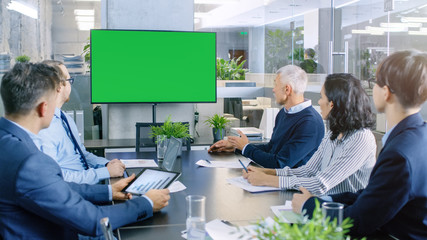 Diverse Group of Successful Business People in the Conference Room with  Green Screen Chroma Key TV...
