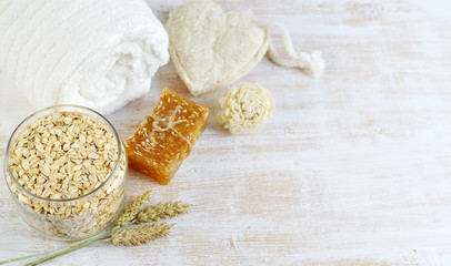 Natural Ingredients for Homemade Oat Body Face Scrub Soap Beauty Concept Organic Eco Healthy Lifestyle