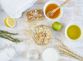 Fototapeta na wymiar Natural Ingredients for Homemade Oat Body Face Milk Scrub Salt Oil Honey Citrus Beauty Concept Organic Eco Healthy Lifestyle