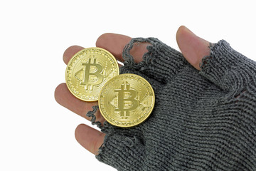 hand of poor man with two bitcoins
