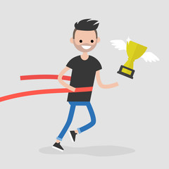 Young running character crossing the finish line. Red ribbon. Race. Competition. Flat editable vector illustration, clip art