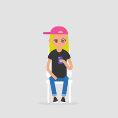 New technologies, conceptual illustration. Young female hypnotised character staring at the smartphone screen. Millennial generation / flat editable vector, clip art