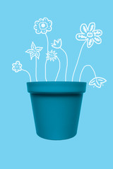 Concept. Flower blue pot and painted flowers on a blue background. Creative design. Minimalism. Pastel colors. Space for text. 
