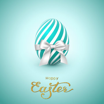 Easter holiday greeting card. Glitter lettering, realistic egg with white bow. Vector illustration.