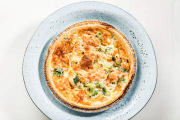 Classic smoked salmon and broccoli quiche