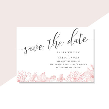 Save the date template with line art pink flowers and leaves, card template with hand drawn flowers, illustration, wedding.