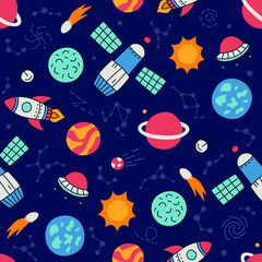 Cosmos. Seamless pattern in doodle and cartoon style. Color. Vector. EPS 8