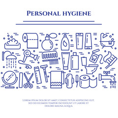 Personal hygiene blue line banner. Set of elements of shower, soap, bathroom, toilet, toothbrush and other cleaning pictograms. Line out. Simple silhouette. Editable stroke. Vector illustration