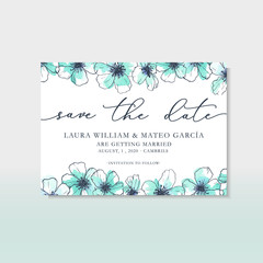 Save the date template with hand drawn flowers, blue watercolor flowers, save the date lettering, wedding template