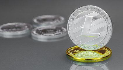 Close-up digital silver coin Lightcoin stands on a gold coin Bitcoin. Background.