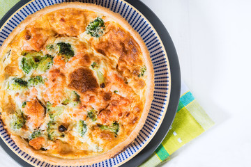 Classic smoked salmon and broccoli quiche