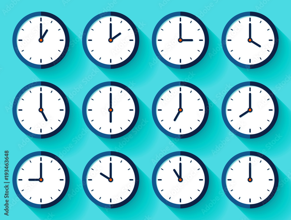 Poster clock icon set in flat style, timer on color background. twelve o'clock. business watch. vector desi