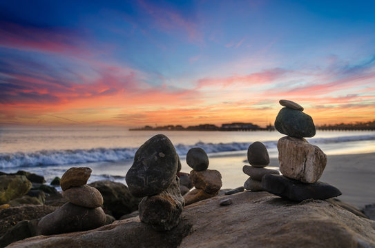 Santa Barbara beach sunset with balanced rocks