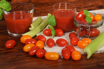 fresh vegetable juice with celery from mini tomatoes for good desires for summer and winter with free space for text