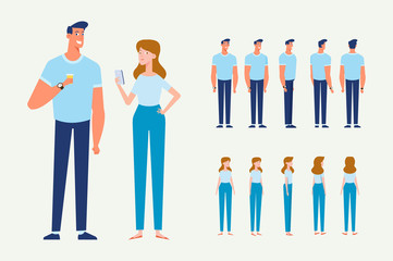  Man and woman couple. Front, side, back, 3/4 view characters. Cartoon style, flat vector illustration.